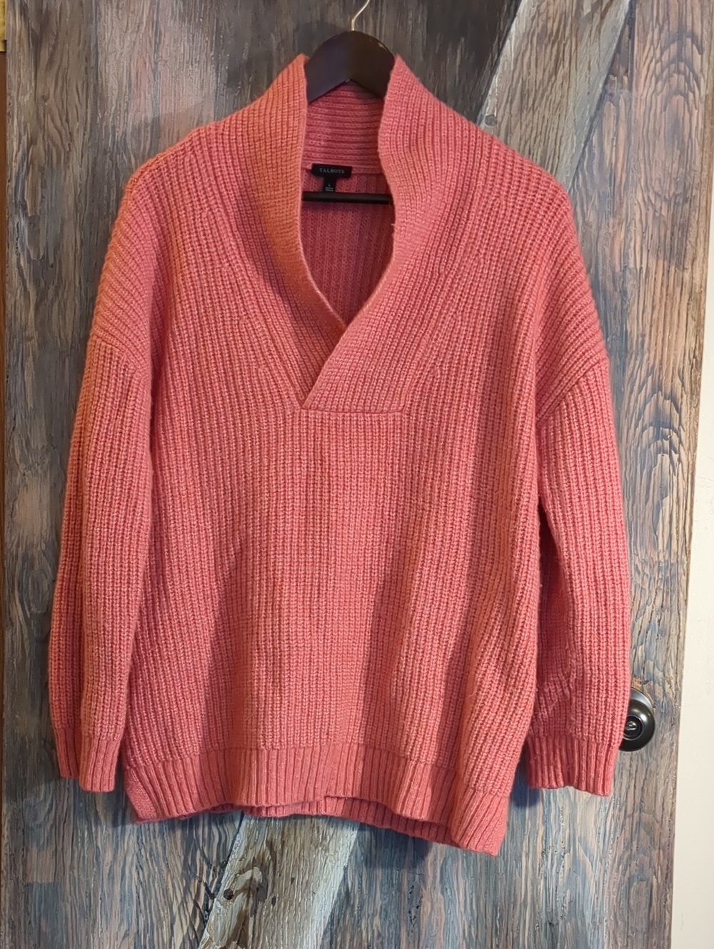 Talbots Coral Pink Shawl Collar Shaker Stitch Ribbed Pullover Sweater